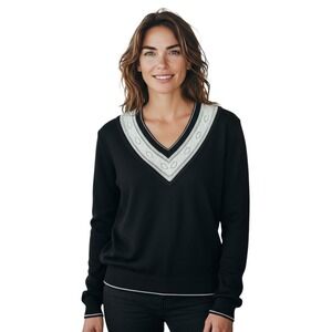 Essential Elements Black Embellished V-Neck‎ Lambs Wool Sweater MEDIUM Cozy Chic